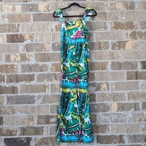Xhilaration Tropical Monstera Leaves Wide Leg Jumpsuit Linen Size XS